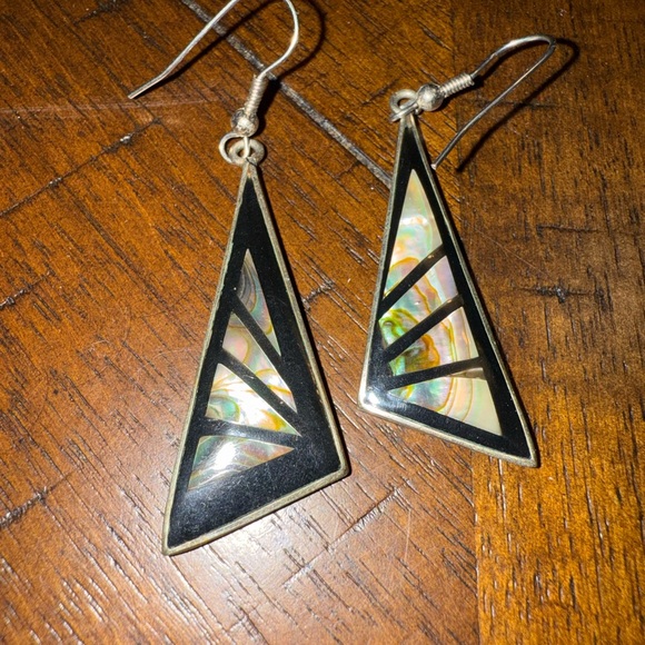 Vintage Alpaca Mexico Enameled Abalone Shell Inlaid‎ Dangle Earrings - Picture 2 of 4